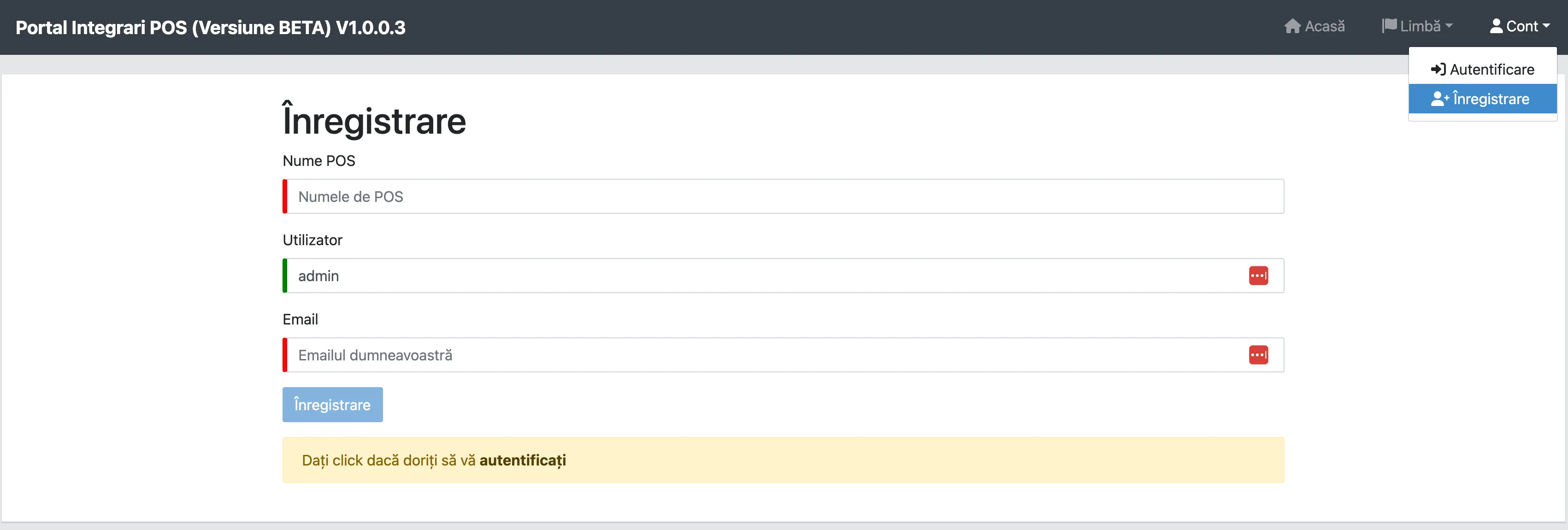 Formularul de înregistrare din portal