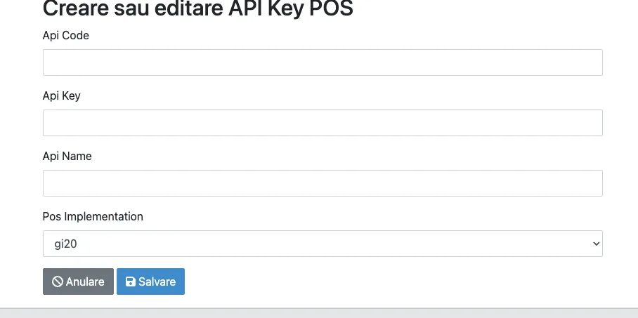 Formularul de creare a unei chei API