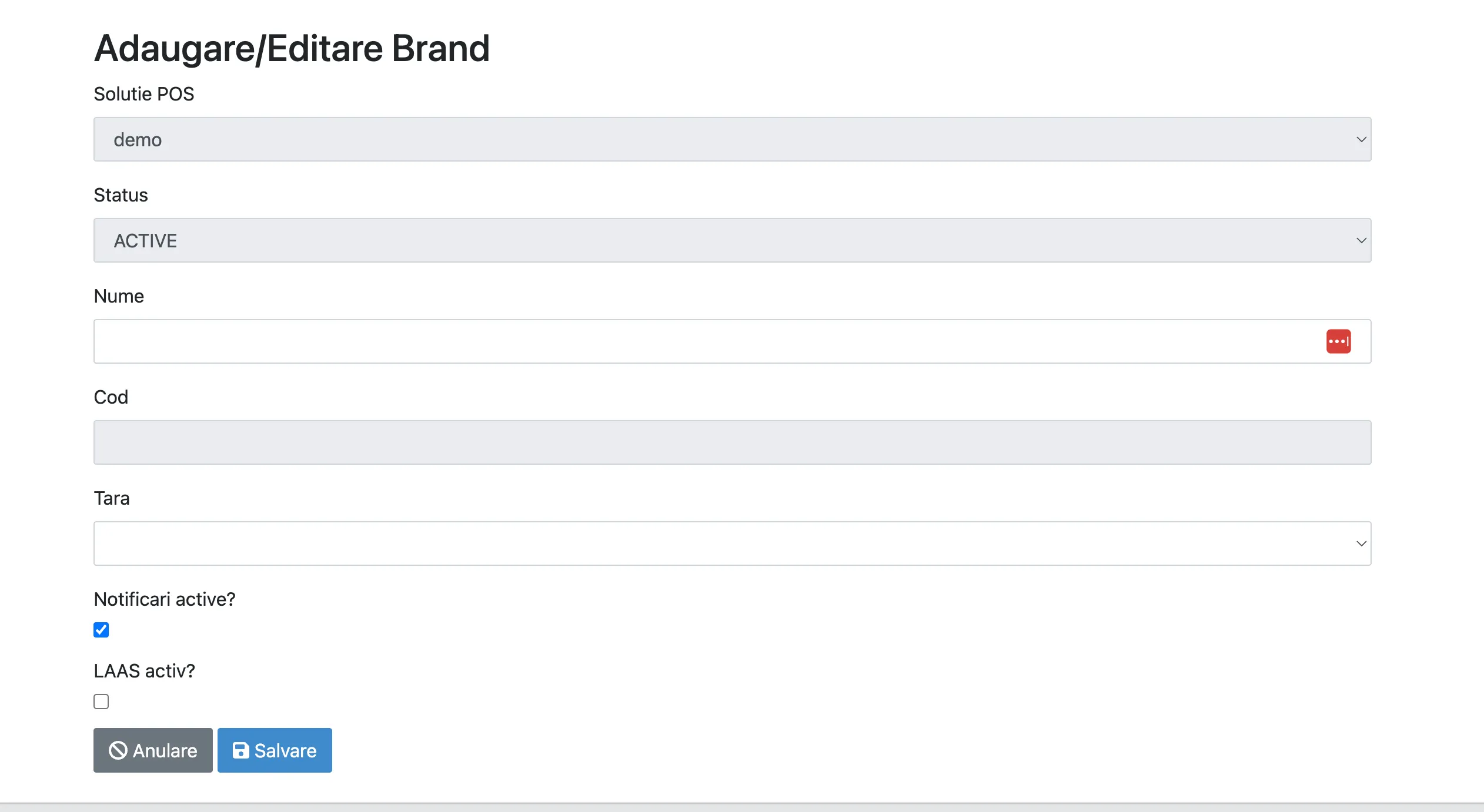 Formularul de adăugare a unui brand