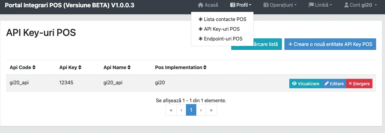 Lista cheilor API din portal